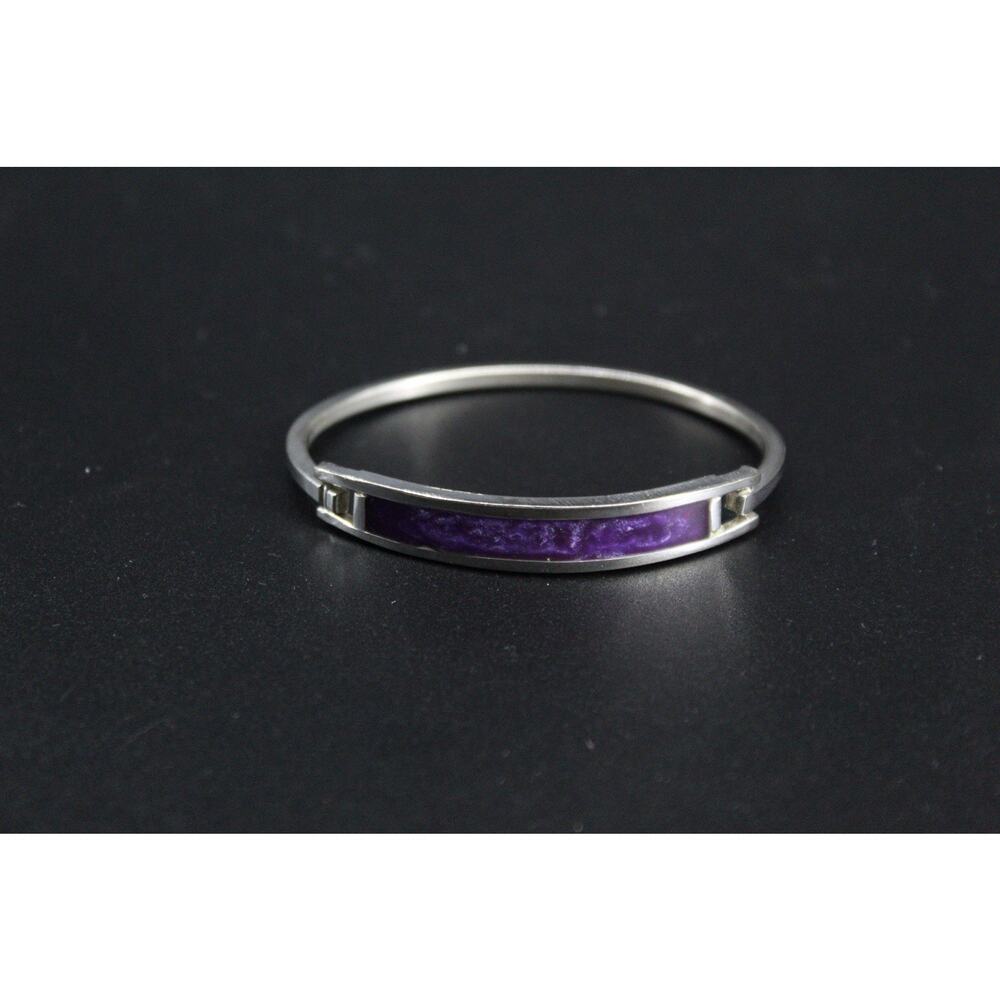 Vintage Modernist Bracelet Purple Inlay Hinged Silver Tone Geometric Bangle